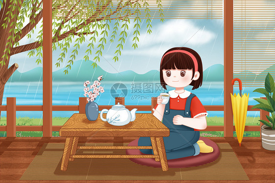 雨天悠闲喝茶的女孩图片