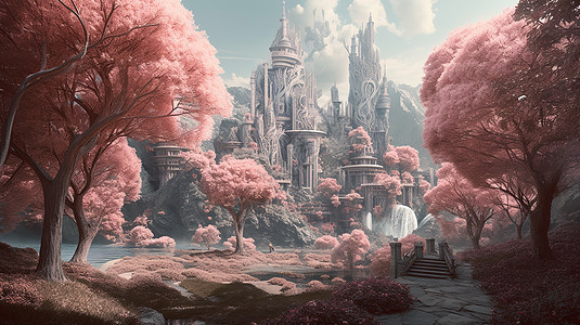 城堡花园,唯美城堡壁纸数字艺术插画