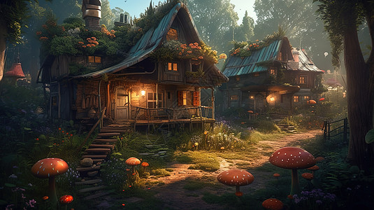 森林里的蘑菇房子图片