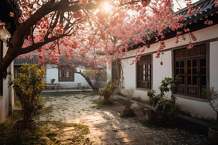 春天燕子院子里的桃花背景