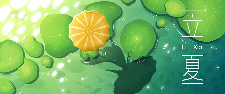 二十四节气立夏夏季池塘荷叶手绘风插画Banner图片