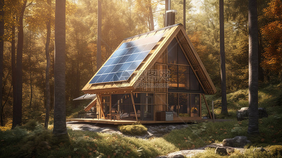 森林中的太阳能小木屋图片
