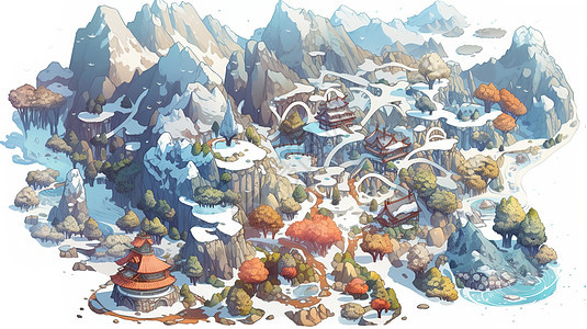 雪山枫叶景色动漫插画图图片