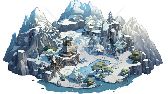 雪山寺庙动漫插画图片