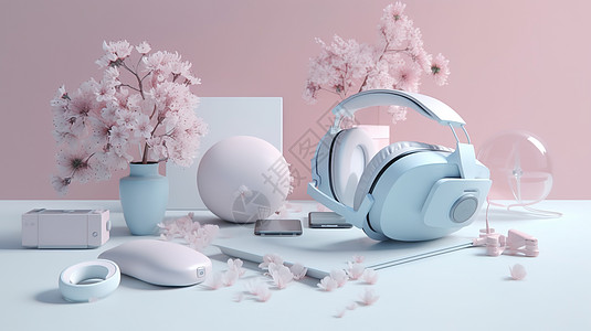 蓝色耳机粉色鼠标图高清图片
