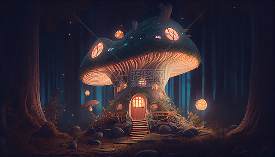 夜晚森林中的蘑菇房子插画图片
