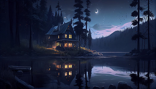 夜景下的房子插画图片