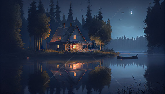 月光下的房子插画图片