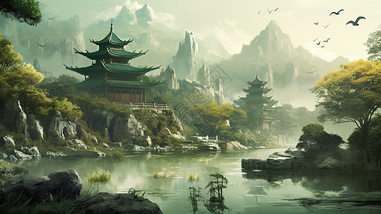 清明节气中国古代建筑山谷风景图片