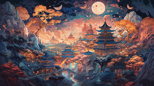 古风城市立体剪纸建模图片素材