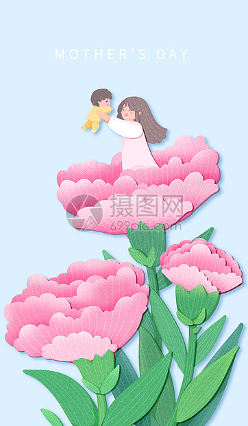 母亲节剪纸风贴纸康乃馨花海母子图片