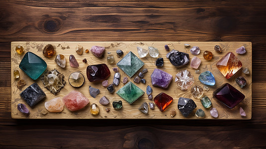 木板上的彩色水晶晶石图片