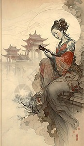 古风美女手绘人物竖版插画背景图片