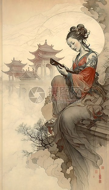 古风美女手绘人物竖版插画图片