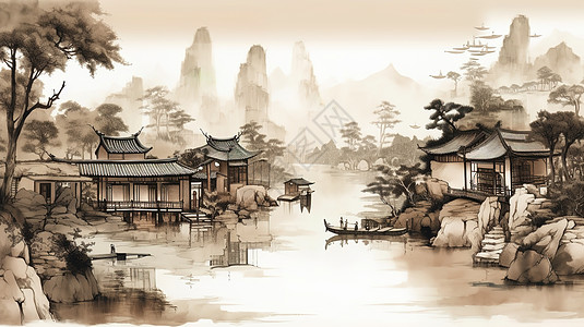 亭台楼阁水墨中国风复古建筑图片插画