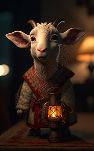一只小羊穿着汉服举着灯图片