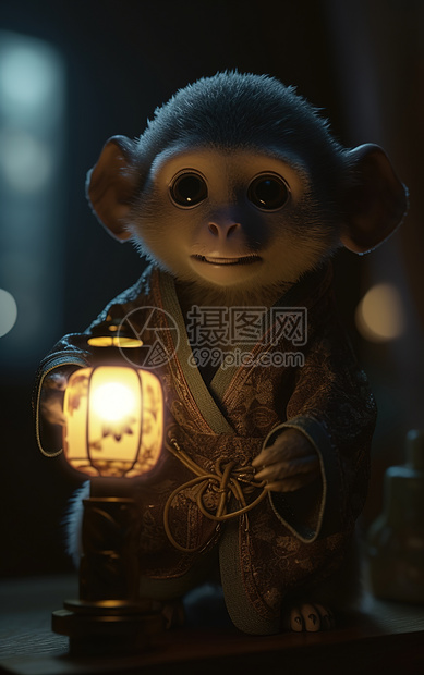 可爱猴子穿着汉服举着灯图片