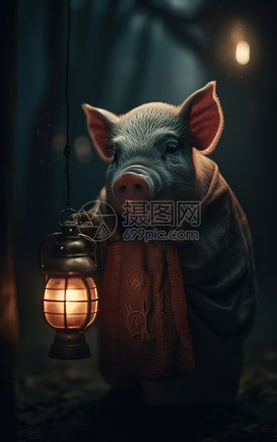 小猪穿着汉服举着灯图片