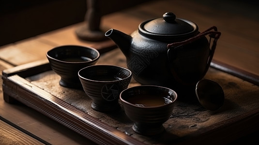 茶具深色木桌高清图片