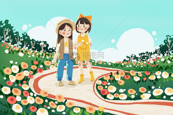 春天闺蜜在公园游玩赏花图片