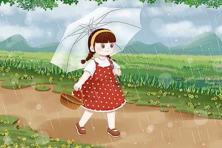 下雨天小路上的女孩高清图片