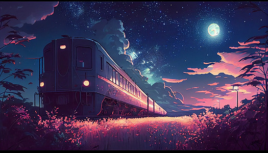 夜晚火车风景插画图片