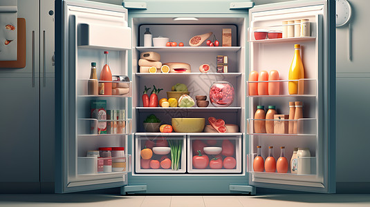 罐头双开门放满食物的冰箱插画