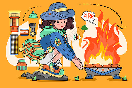 女孩蹲在地上烤火露营矢量插画图片