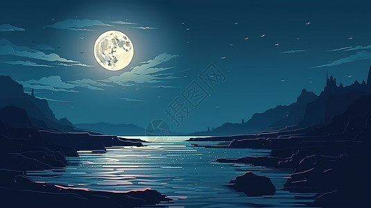 夜晚江边的月亮图片