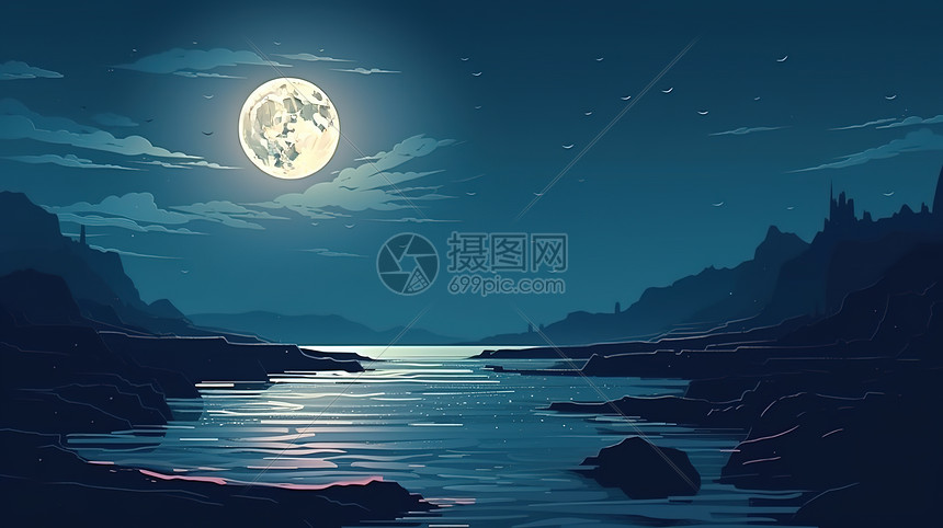 夜晚江边的月亮图片