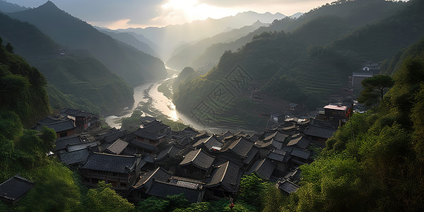 清晨中的山间景色图片