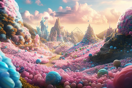 粉色球球铺满山谷背景图片