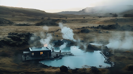 平原上房屋旁的温泉图片