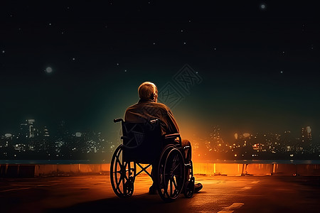 夜晚坐在轮椅上的老人图片
