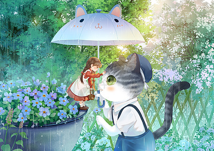 治愈插画给小女孩撑伞的猫猫图片