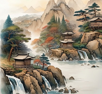 山水建筑风景画图片