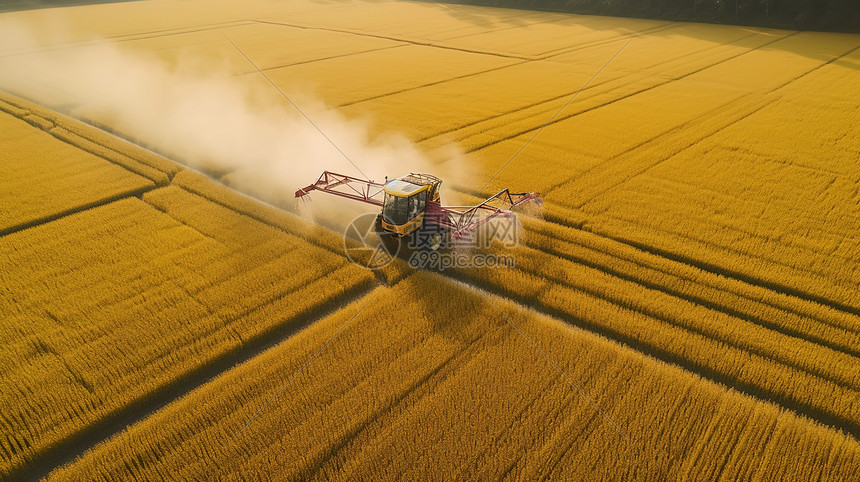 在一片农田喷洒农药的拖拉机图片