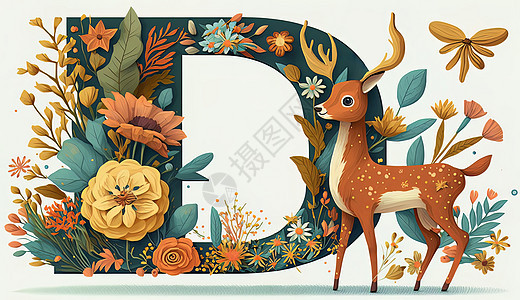 小鹿花朵字母儿童插画图片