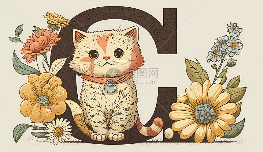 小猫花朵字母卡通插画图片