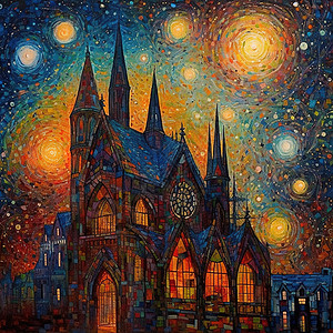 教堂钟夜晚星空下的城堡插画