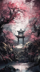 中国古风桃花与凉亭背景图片