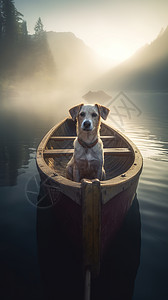 水上坐在独木舟上的狗图片