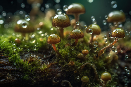 近距离的苔藓小蘑菇和水图片