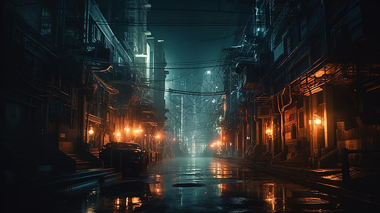 黑夜雨后的街道图片