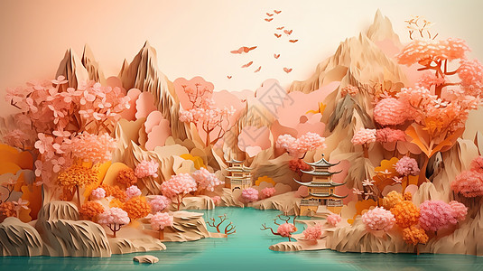 3D纸艺国风风景图片