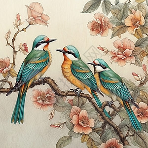 工笔画树枝上的小鸟背景图片