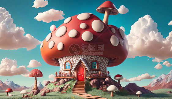 童话蘑菇森林屋3D立体卡通图片