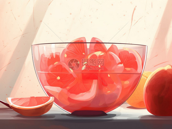 手绘葡萄柚在玻璃碗里图片
