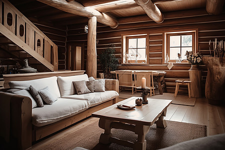 原木风格的客厅白色沙发图片