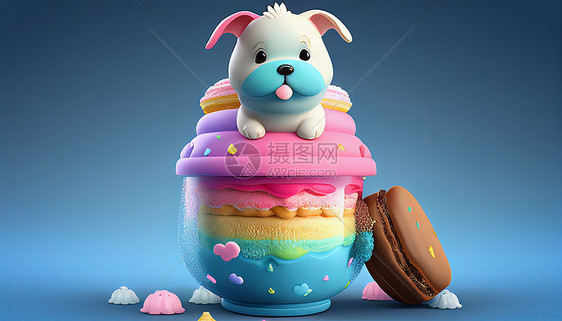 可爱小狗彩虹蛋糕创意甜品图片